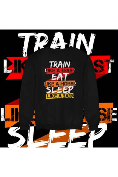 playbackmoda Akiki Tasarım Sportif Motivasyon - Çalış Ye Uyu Sweatshirt - Resim 2