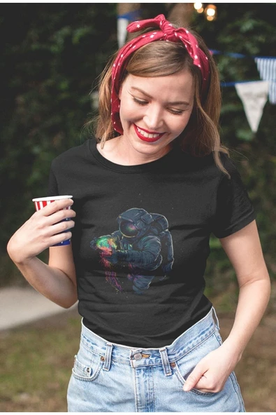 playbackmoda Owersize Uzay Astronot Ilüstrsyon Çizim Tasarım Baskılı Tişört - Resim 2