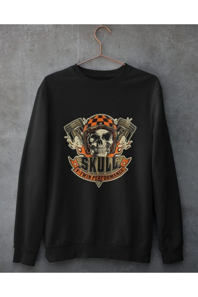 playbackmoda Akiki Tasarım Skull Motosiklet Dizayn Siyah Sweatshirt Ak10120