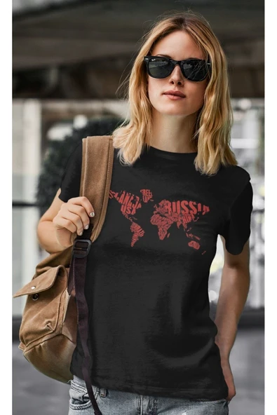 playbackmoda Owersize Dünya Haritası Ülke Yazı Tasarım Baskılı Tişört - Resim 2