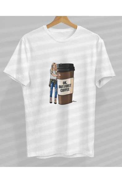 playbackmoda Owersize Tasarım Ok But Fırst Cofee Yazılı Baskılı Tişört - 1