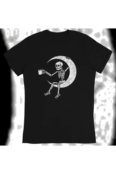 playbackmoda Owersize Iskelet Kahve Ilüstrsyon Çizim Tasarım Baskılı Tişört - Resim 2