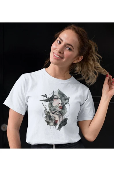 playbackmoda Owersize Kadın Ilüstrsyon Çizim Tasarım Baskılı Tişört ürün görseli