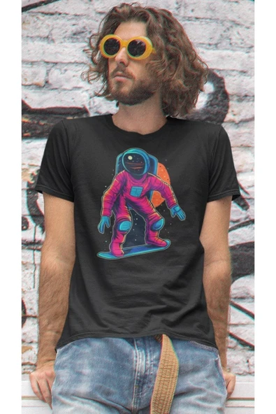 playbackmoda Owersize Uzay Astronot Kaykay Ilüstrsyon Çizim Tasarım Baskılı Tişört - Resim 2