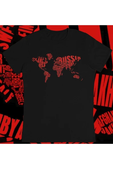 playbackmoda Owersize Dünya Haritası Ülke Yazı Tasarım Baskılı Tişört ürün görseli