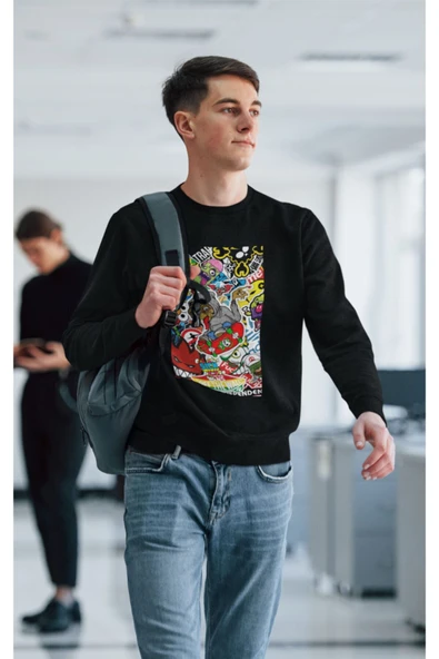 playbackmoda Akiki Tasarım Çılgın Skater E.t. Ve Kankaları Ilüstrasyon Sweatshirt - Resim 2