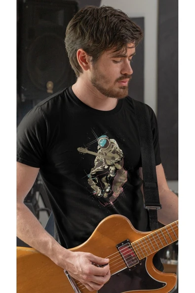 playbackmoda Owersize Astronot Gitar Ilüstrsyon Çizim Tasarım Baskılı Tişört - Resim 2