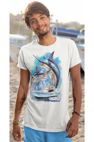 playbackmoda Owersize Balıkçılık Deniz Tasarım Baskılı Tişört - Resim 2