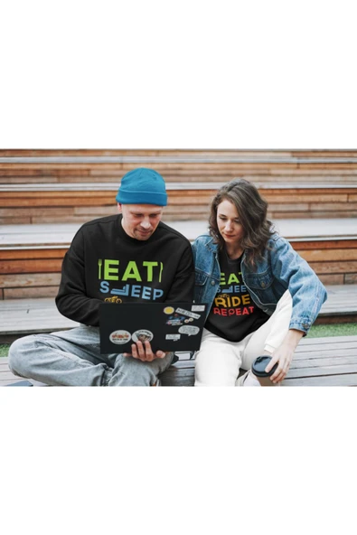 playbackmoda Akiki Tasarım - Eat Sleep Ride Repeat Motosiklet Motto ,siyah Sweatshirt Ak10102 - Resim 2