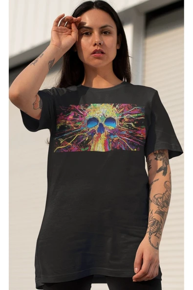 playbackmoda Owersize Kurukafa Ilüstrsyon Çizim Tasarım Baskılı Tişört - Resim 2