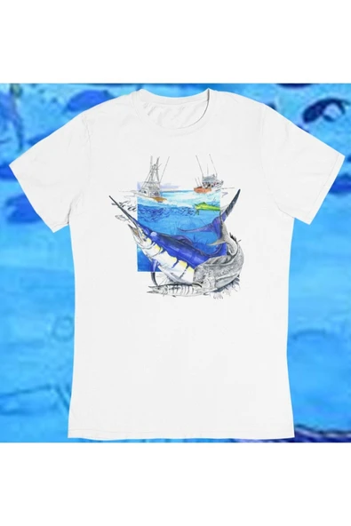 playbackmoda Owersize Balıkçılık Deniz Tasarım Baskılı Tişört - Resim 2