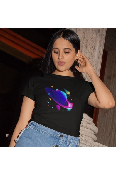 playbackmoda Owersize Uzay Gezegen Satrün Ilüstrsyon Çizim Tasarım Baskılı Tişört - Resim 2