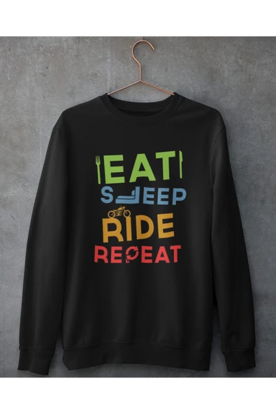 playbackmoda Akiki Tasarım - Eat Sleep Ride Repeat Motosiklet Motto ,siyah Sweatshirt Ak10102