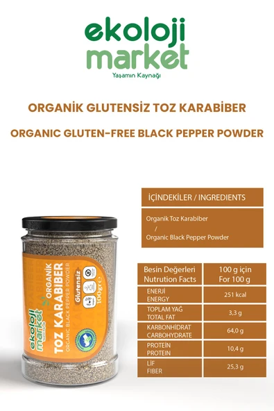 Ekoloji Market Organik Glutensiz Toz Karabiber 100 gr / Organic Gluten-free Black Pepper Powder 100 gr - 2