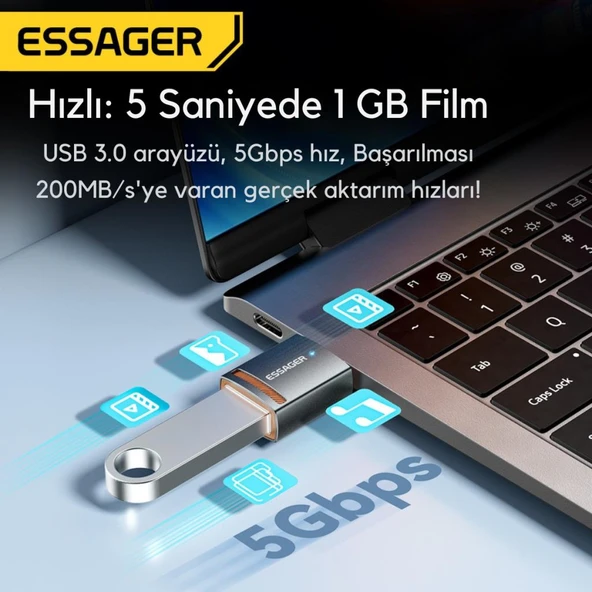 Essager Type-C To USB OTG Dönüştürücü Adaptör, 5 Gbps Veri Aktarım, Mini Type C Çevirici, Klavye, Mouse Çevirici - 6