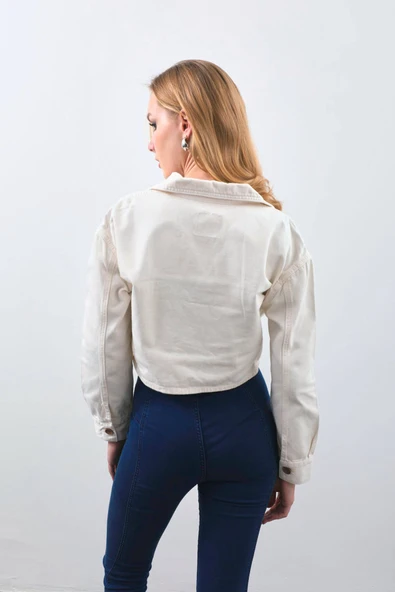Kadın Ekru Crop Kesim Jean Ceket - 6