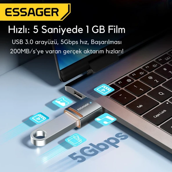 Essager USB to Type-C OTG Dönüştürücü Adaptör, 5 Gbps Veri Aktarım, USB Type C Çevirici, Klavye, Mouse Çevirici - 5