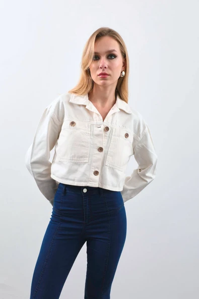 Kadın Ekru Crop Kesim Jean Ceket - 3