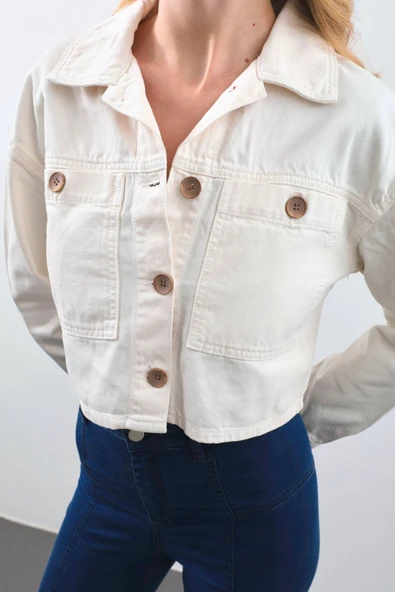 Kadın Ekru Crop Kesim Jean Ceket - 6