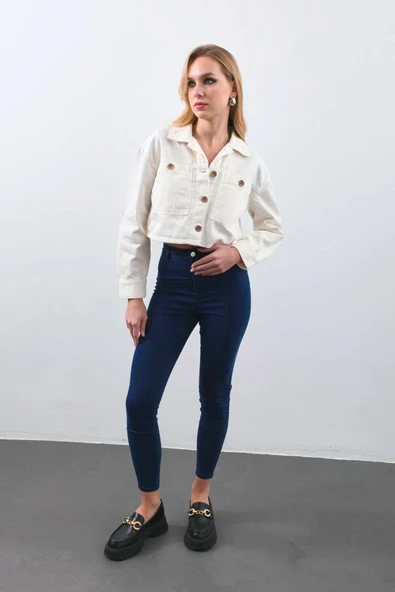 Kadın Ekru Crop Kesim Jean Ceket - 5