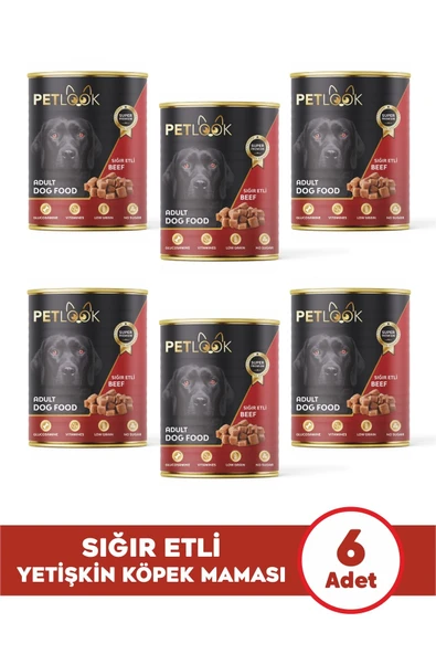 PetLook Konserve Köpek Maması Yetişkin Sığır Etli, Kıyılmış Etli 415 GR 6 Adet Yaş Mama Düşük Tahıllı