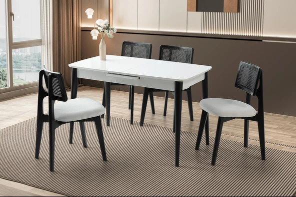 Milano Mdf Ortadan Açılır Masa 4 Adet Kuzey Siyah Sandalye Takım