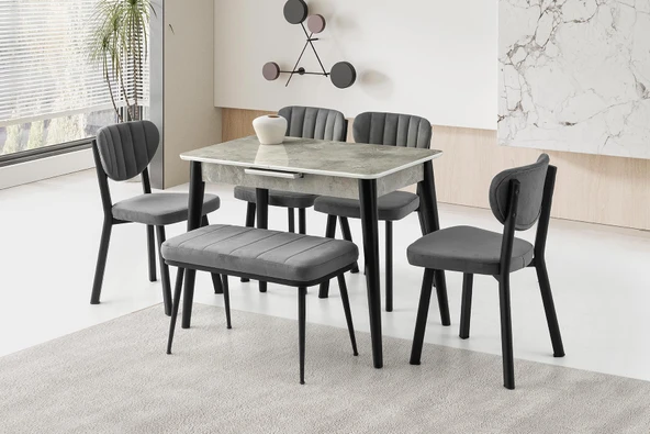 Mini 60 x 100 Milano Mdf Ortadan Açılır Masa 4 Ad Esinti Sandalye 1 Ad sırtsız Mini Bench