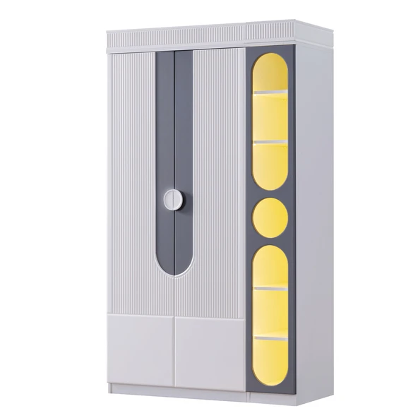 Gardırop, Vira 2 Kapaklı Dolap ve Ledli Kitaplık - Gri - 2