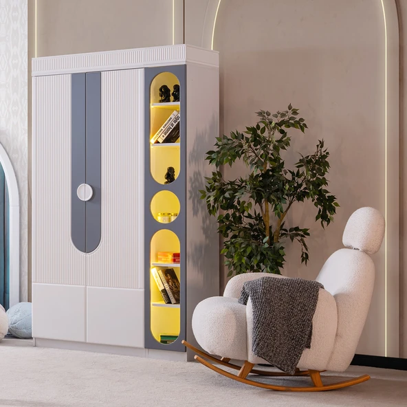 Gardırop, Vira 2 Kapaklı Dolap ve Ledli Kitaplık - Gri