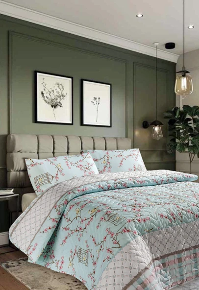 Upstyle Kapitone Yatak Örtüsü Seti Çift Kişilik Birdcage Turkuaz - 5