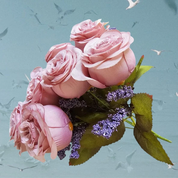 Yapay Cipso Aranjmanli 7 Kafa Lila Gül Buketi dekor Saksı - Resim 2