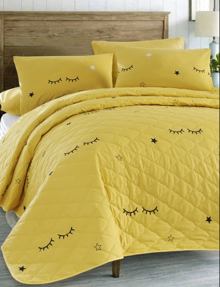 Upstyle Kapitone Yatak Örtüsü Seti Çift Kişilik Dide Sarı - Resim 2