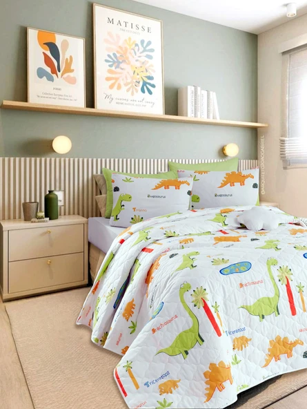 Upstyle Kapitone Yatak Örtüsü Seti Çift Kişilik Dinolar Beyaz - Resim 6