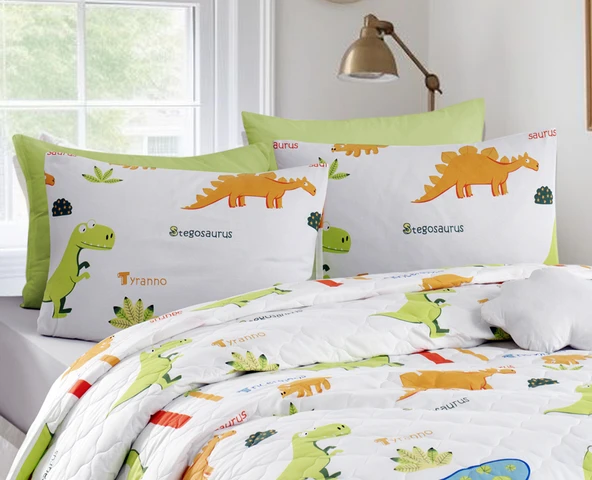 Upstyle Kapitone Yatak Örtüsü Seti Çift Kişilik Dinolar Beyaz - Resim 5