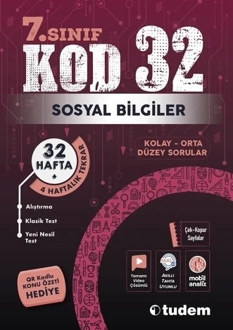 TUDEM YAYINLARI 7.SINIF SOSYAL BİLGİLER KOD 32 HAFTA TEKRAR TEST KİTABI ürün görseli