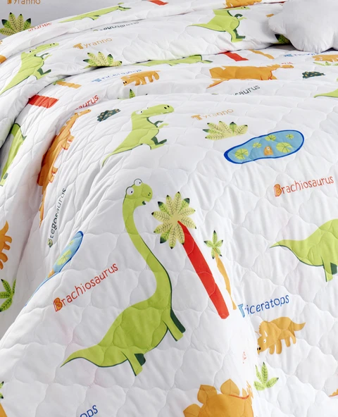 Upstyle Kapitone Yatak Örtüsü Seti Çift Kişilik Dinolar Beyaz - Resim 4