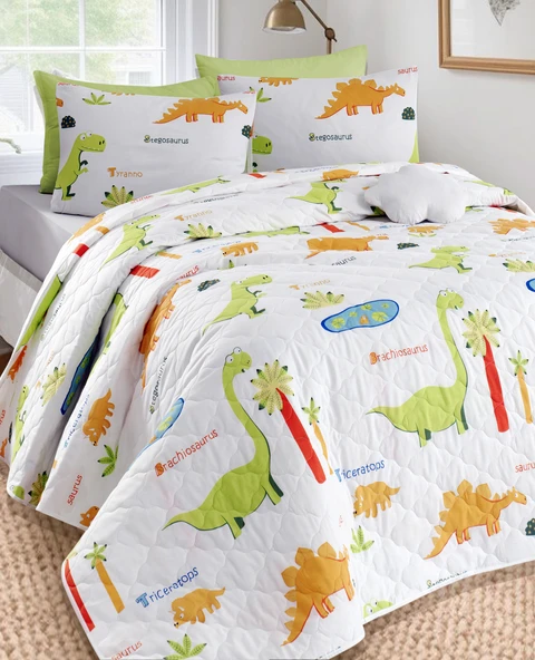 Upstyle Kapitone Yatak Örtüsü Seti Çift Kişilik Dinolar Beyaz - Resim 3