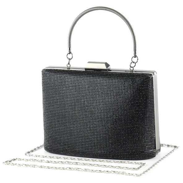 Erkan Saçmacı Siyah Saten Kristal Taşlı Metal Saplı Zincir Askılı Abiye Çanta - 2