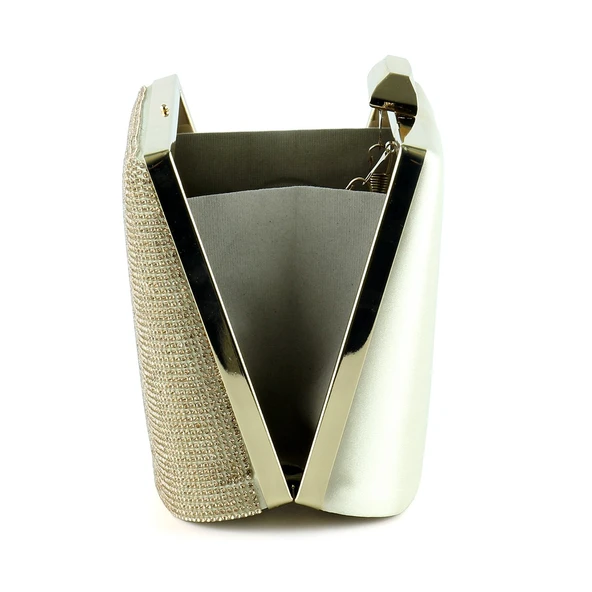 Erkan Saçmacı Altın Saten Kristal Taşlı Metal Saplı Zincir Askılı Abiye Çanta - 3