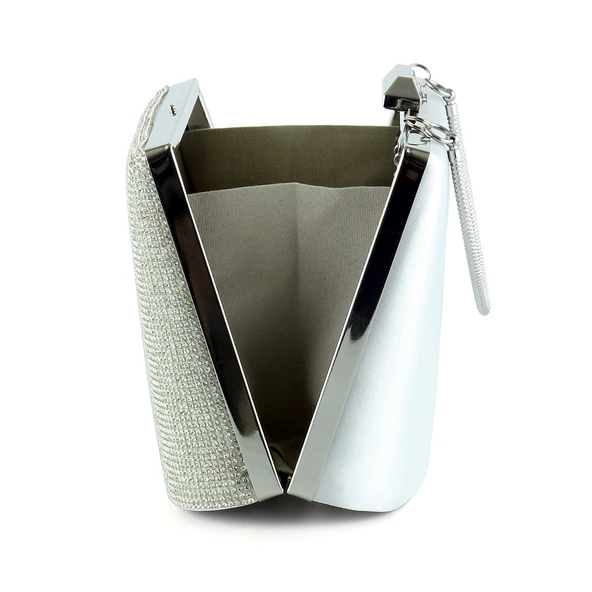 Erkan Saçmacı Gümüş Saten Kristal Taşlı Metal Saplı Zincir Askılı Abiye Çanta - 3