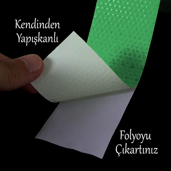 Gece Parlayan Reflektörlü Yapışkanlı 5 cm Reflektif İkaz Bandı 5 Metre Koyu Yeşil Renk Şerit Bant - 3