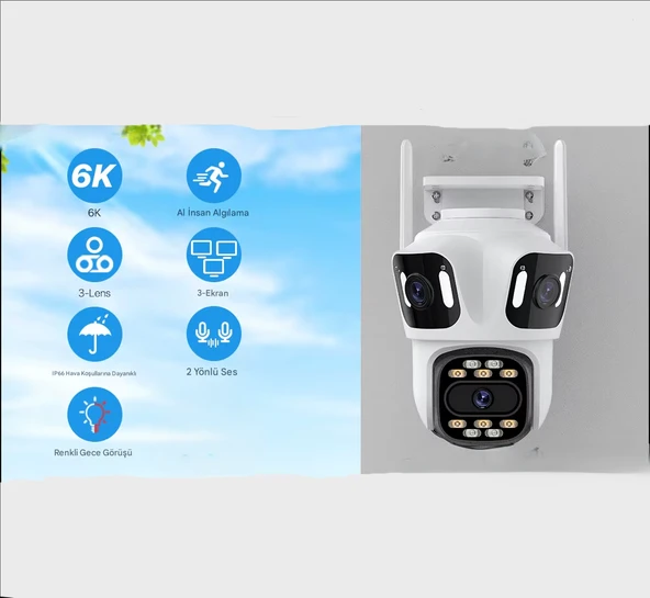 QASUL Wifi Kamera Wi-fi Üç Lens Üç Ekran Güvenlik PTZ Kamera Otomatik Takip Video Üç Lens Kablosuz Kamera - 2