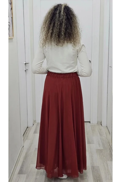 Bel Lastikli Kloş Şifon Etek 6003-Kiremit - 5