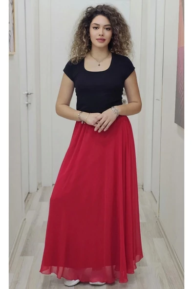 Bel Lastikli Kloş Şifon Etek 6003-Kırmızı - 3