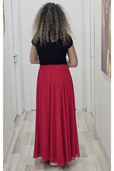 Bel Lastikli Kloş Şifon Etek 6003-Kırmızı - 5