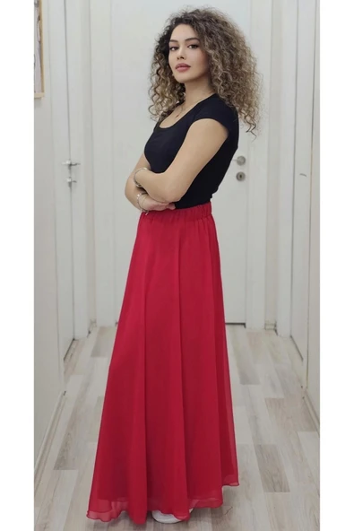 Bel Lastikli Kloş Şifon Etek 6003-Kırmızı - 4