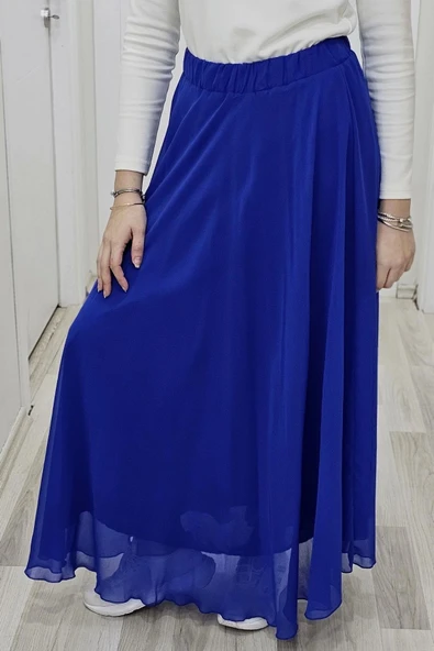 Bel Lastikli Kloş Şifon Etek 6003-Saks - 3