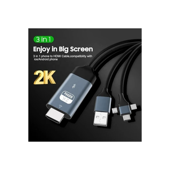 PMR 3 in 1 Phone to HDMI Kablo – 2K 60Hz, 200CM, Type-C, Lightning, Micro USB - 3