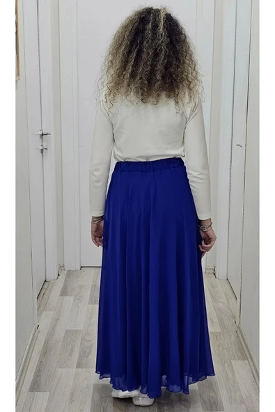 Bel Lastikli Kloş Şifon Etek 6003-Saks - 4