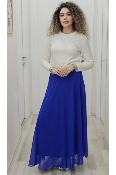 Bel Lastikli Kloş Şifon Etek 6003-Saks - 2